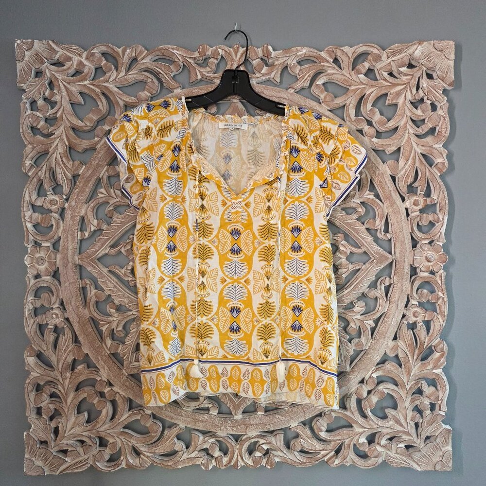 Rose + Olive Yellow Floral Ruffle Flutter Sleeve Blouse Womens Size Small Boho